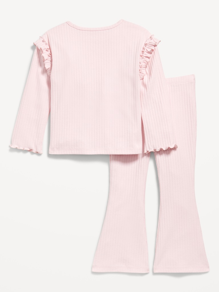 Long-Sleeve Ruffle-Shoulder Top and Flare Leggings Set for Toddler Girls