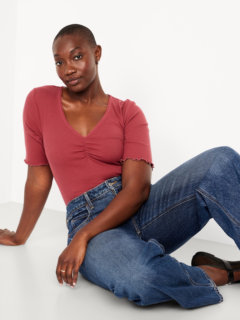 Ruffle-Trim Ribbed Top