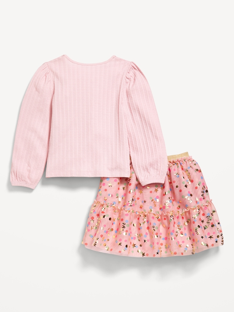 Long-Sleeve Pointelle Top and Tutu Skirt Set for Toddler Girls
