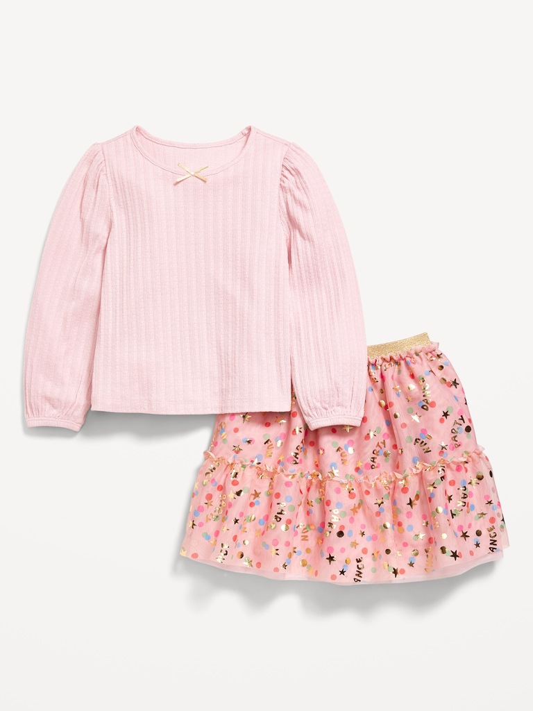 Long-Sleeve Pointelle Top and Tutu Skirt Set for Toddler Girls