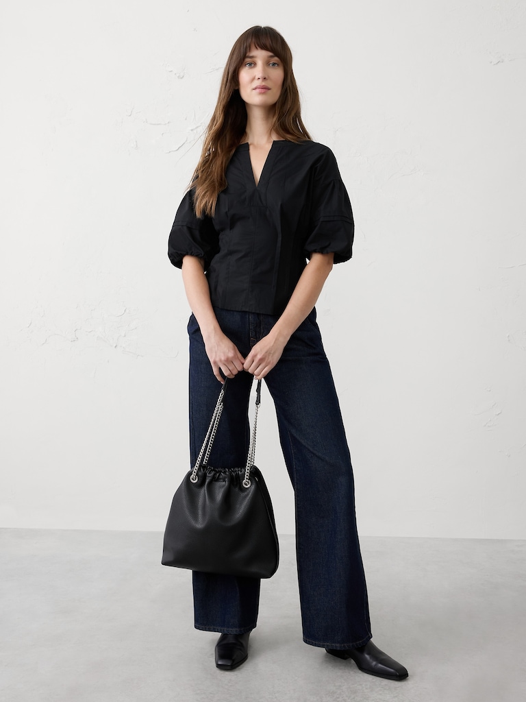 Vegan Leather Gathered Chain Bucket Bag