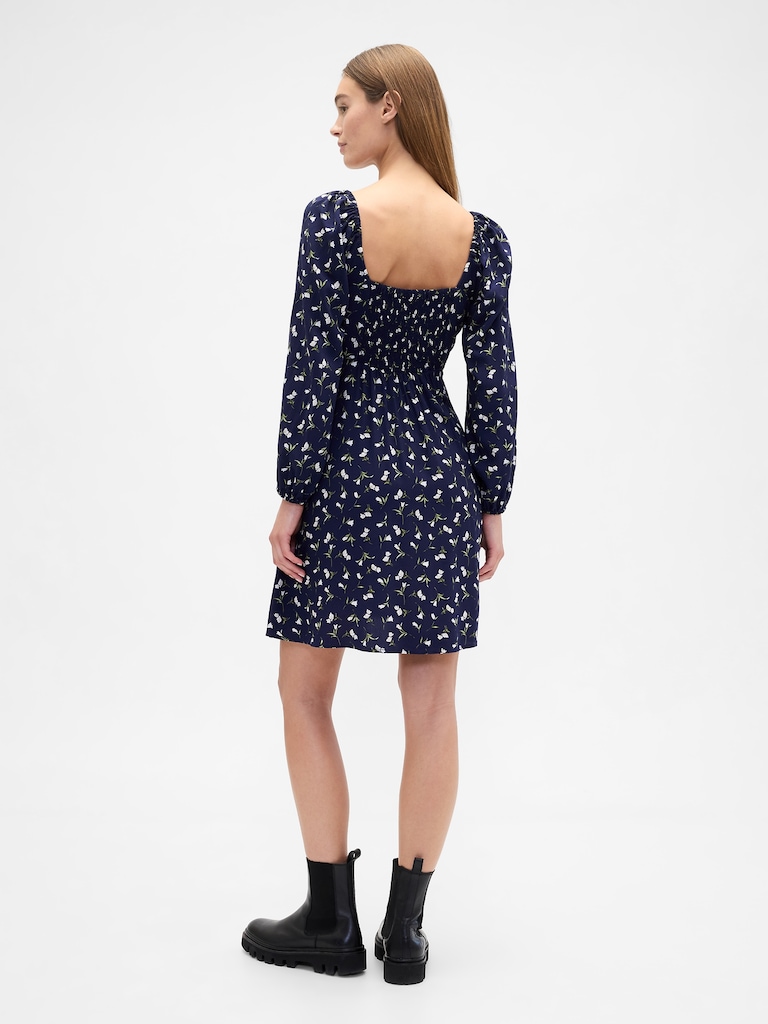 Smocked Print Mini Dress