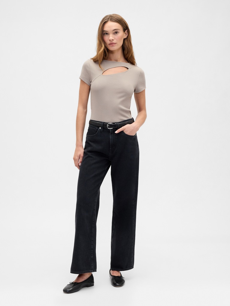 Ribbed Crewneck Cutout Top