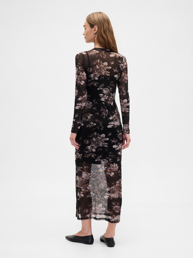 Print Mesh Maxi Dress