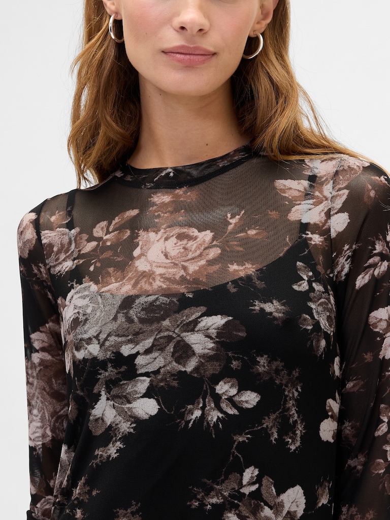 Print Mesh Maxi Dress