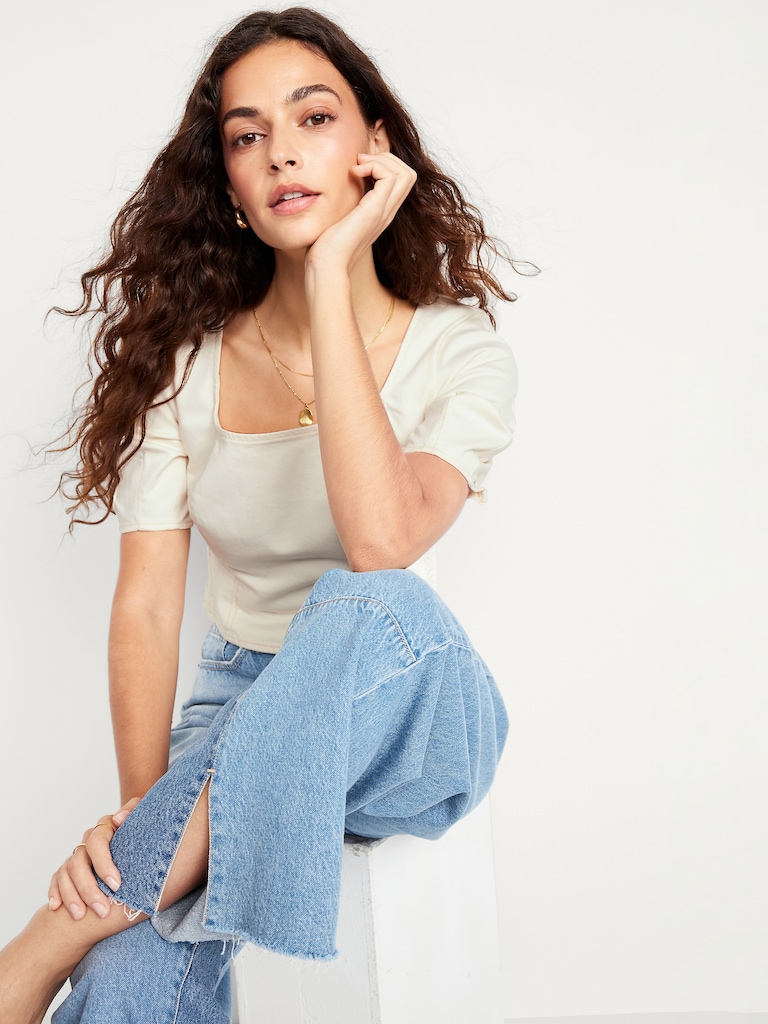 Square-Neck Seamed Denim Top