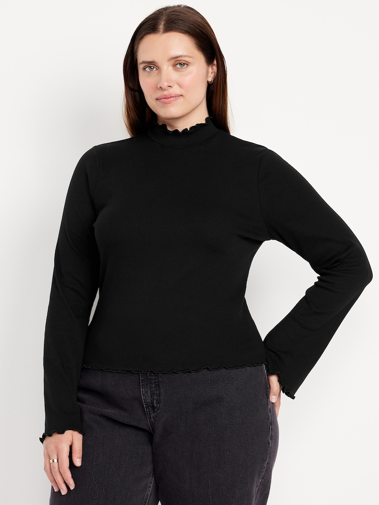 Mock-Neck Lettuce-Edge Rib Top
