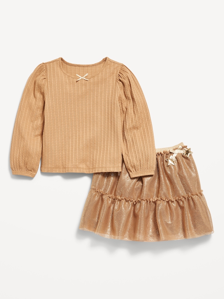 Long-Sleeve Pointelle Top and Tutu Skirt Set for Toddler Girls