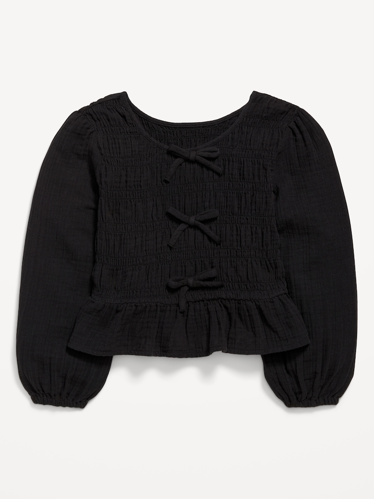 Long-Sleeve Smocked Double-Weave Top for Girls