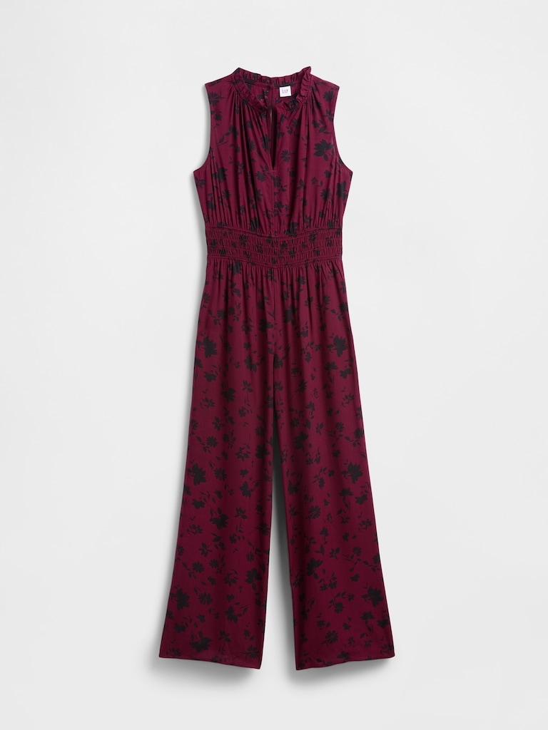 Smocked Wide-Leg V-Neck Jumpsuit