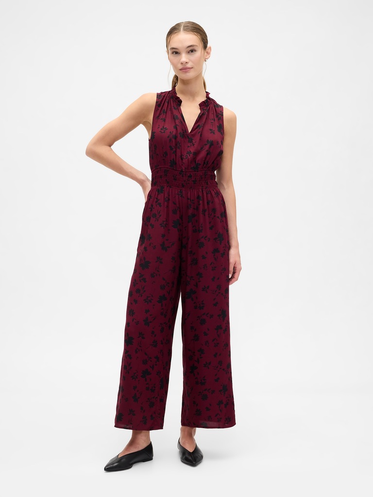 Smocked Wide-Leg V-Neck Jumpsuit