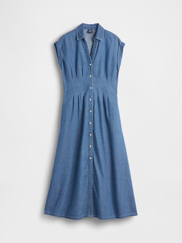 Denim Roll-Cuff Midi Shirtdress