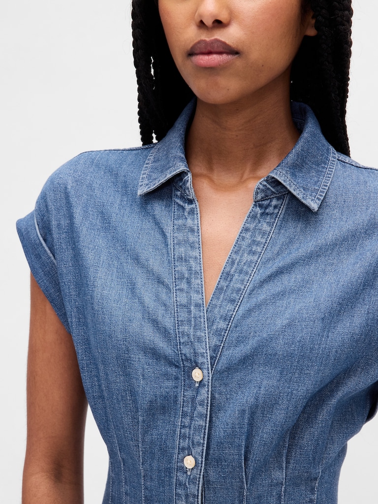 Denim Roll-Cuff Midi Shirtdress