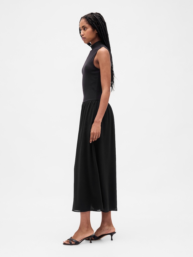 Modern Mockneck Mixed Media Maxi Dress