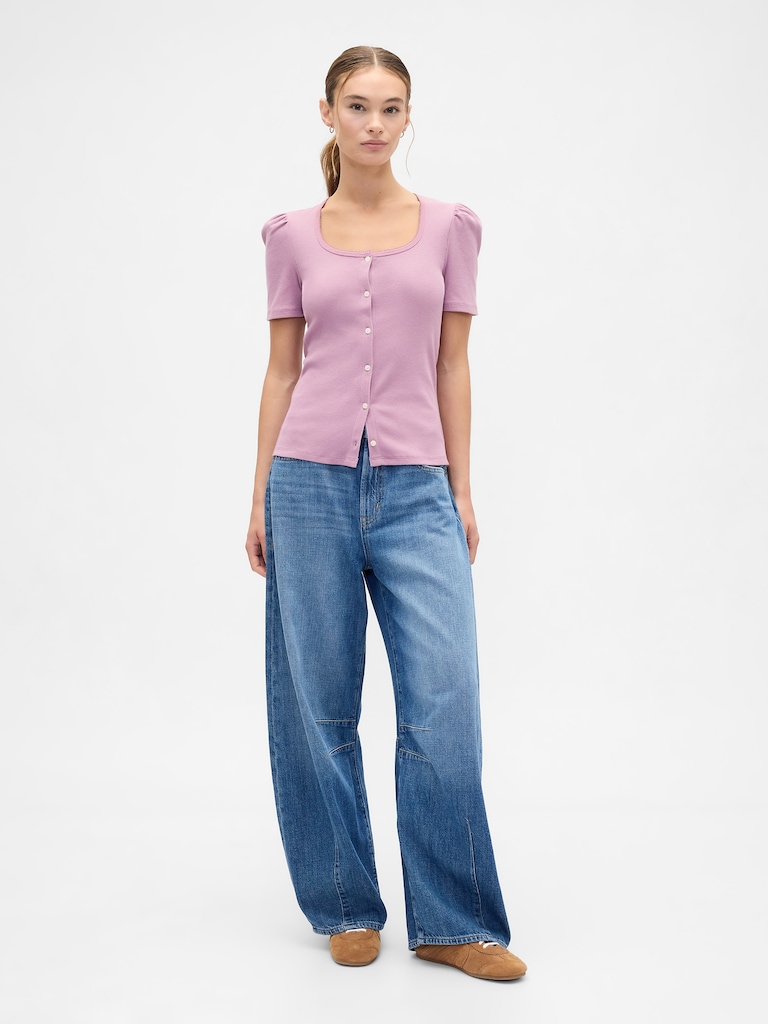 Ribbed Scoopneck Puff Sleeve Top