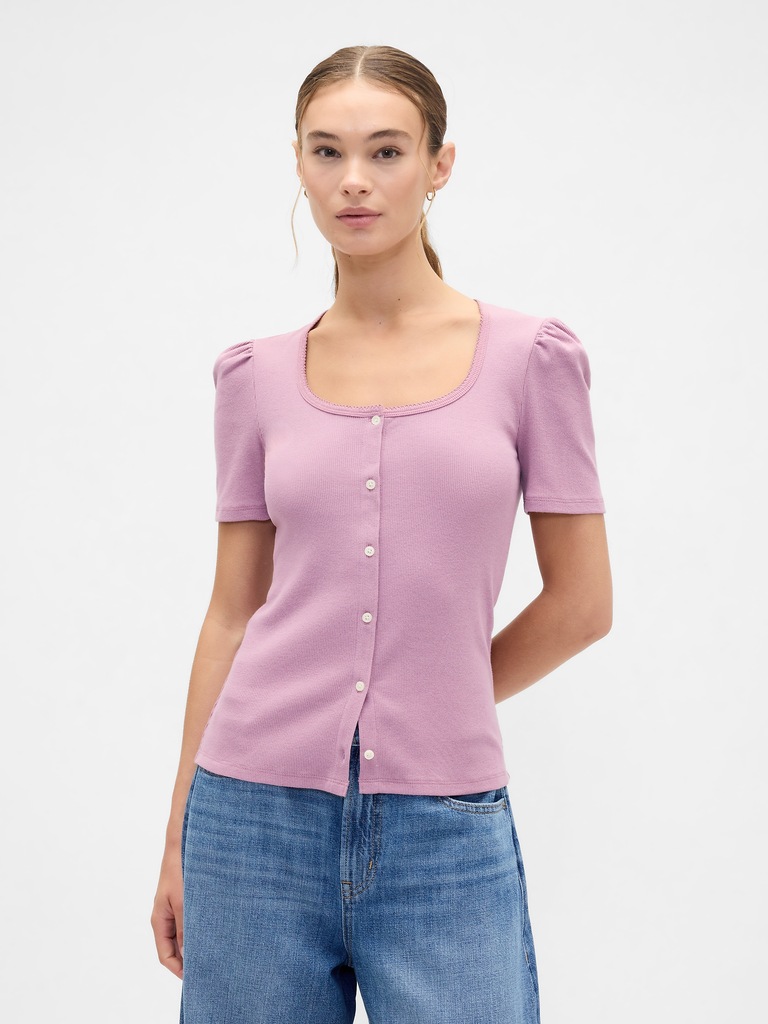 Ribbed Scoopneck Puff Sleeve Top