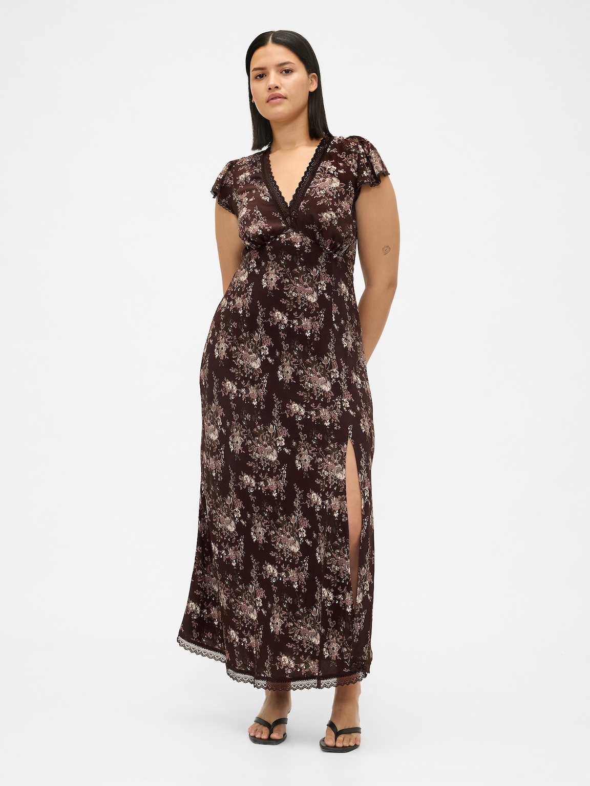 Lace-Trim V-Neck Crepe Maxi Dress
