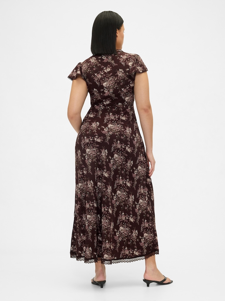 Lace-Trim V-Neck Crepe Maxi Dress