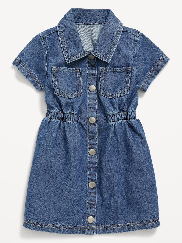 Short-Sleeve Cinched-Waist Jean Dress for Toddler Girls