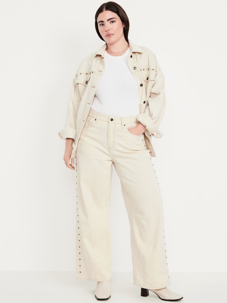 High-Waisted Baggy Wide-Leg Studded Jeans