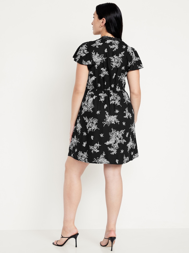 Fit & Flare Crepe Lace-Trim Mini Dress