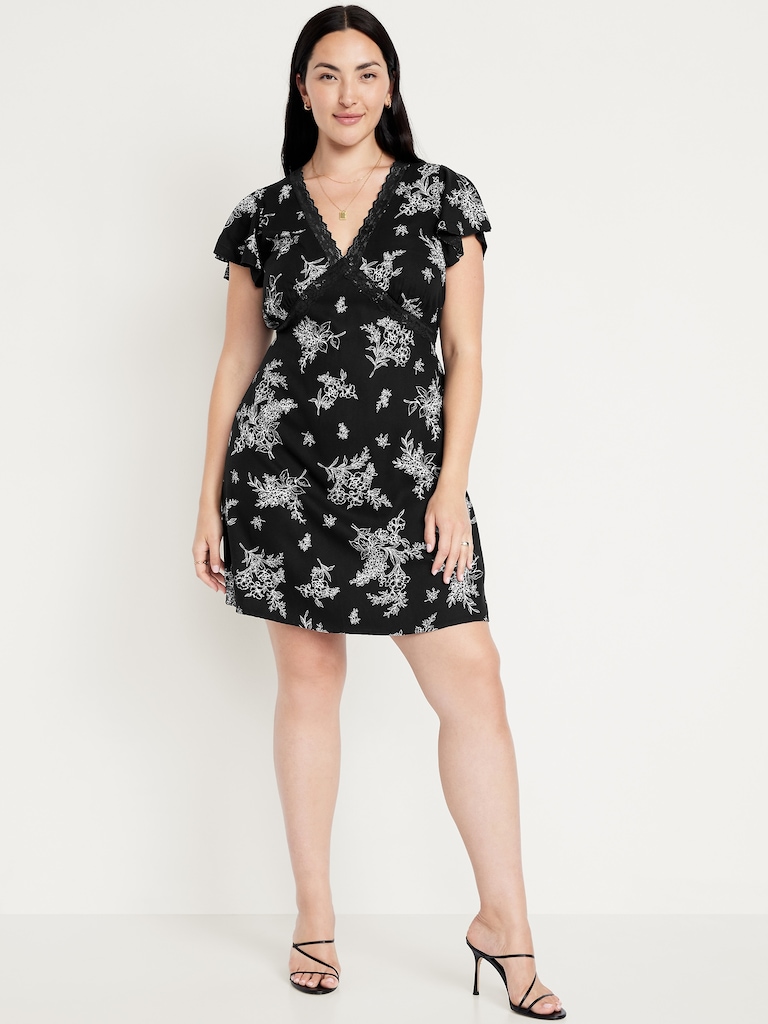 Fit & Flare Crepe Lace-Trim Mini Dress