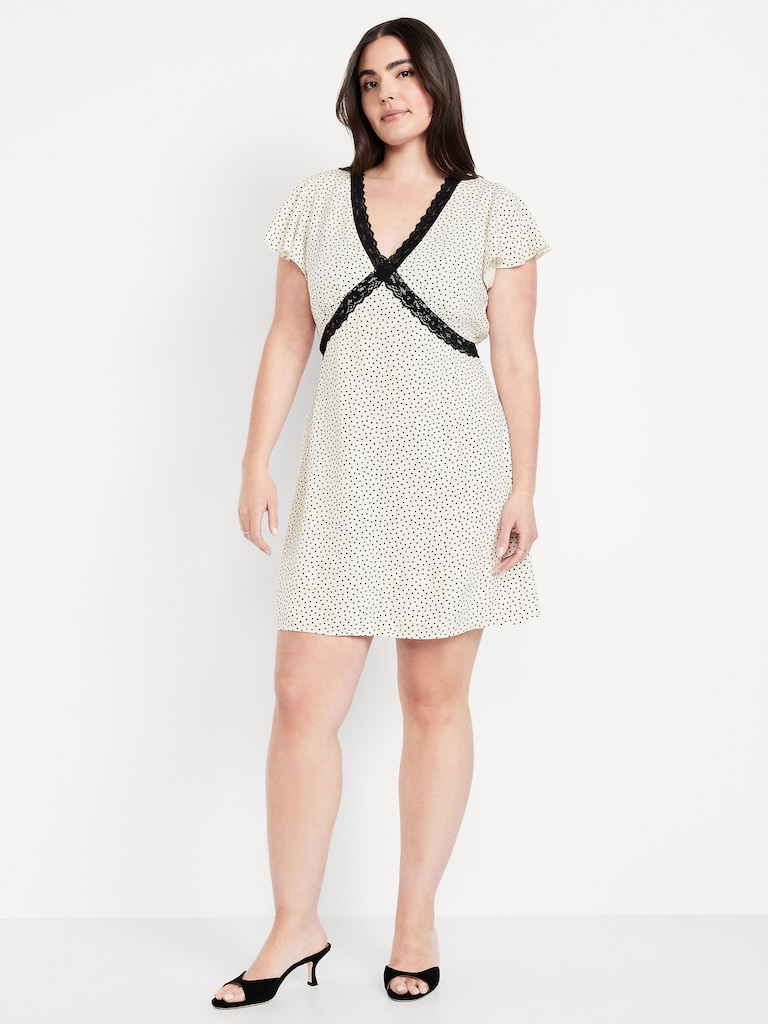 Fit & Flare Crepe Lace-Trim Mini Dress