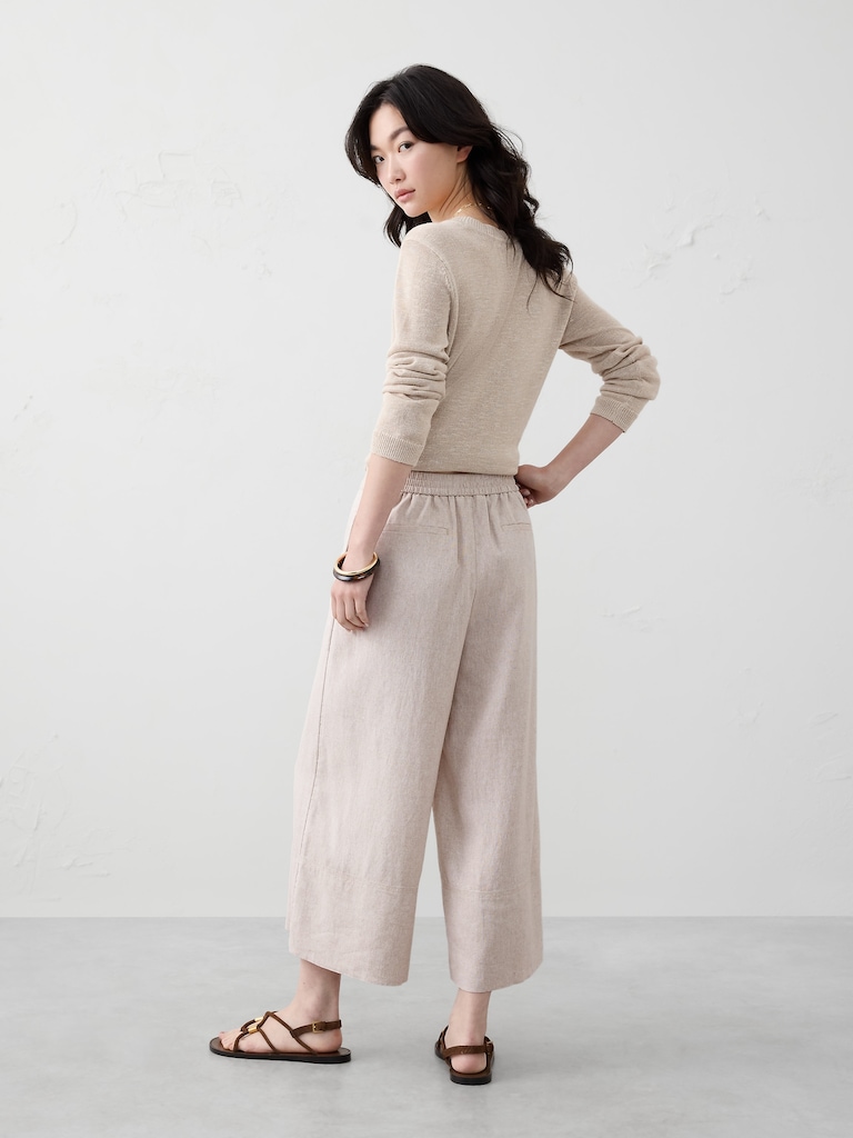 Wide-Leg High-Rise Linen-Blend Cropped Pull-On Pant