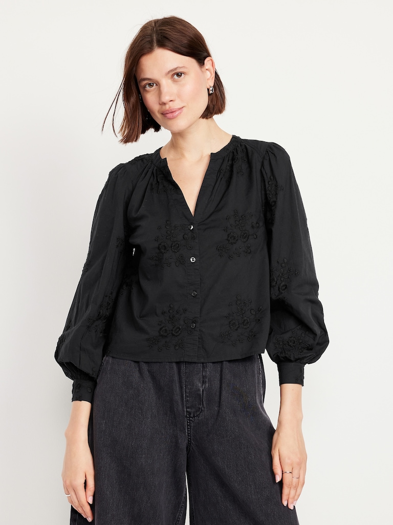 Button-Down Embroidered Top