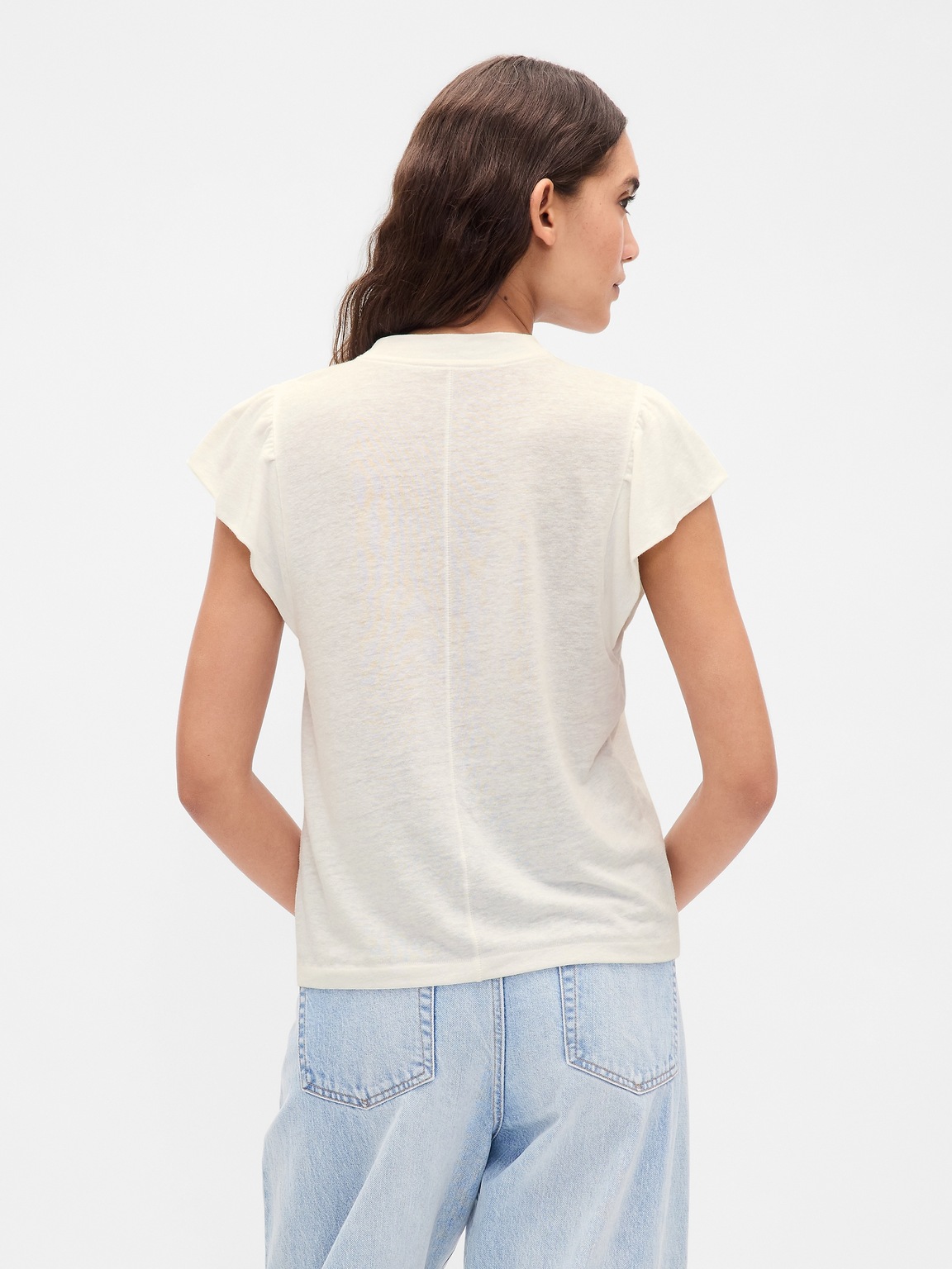 Linen-Blend Flutter-Sleeve T-Shirt