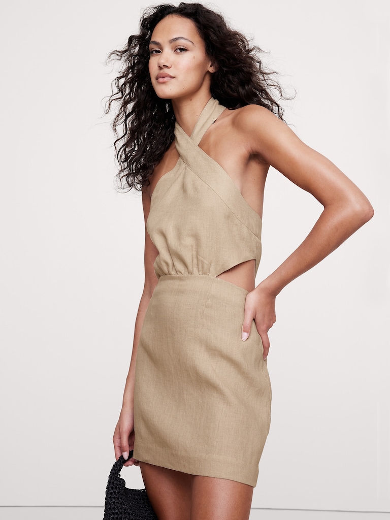 Linen Halter Cut-Out Mini Dress