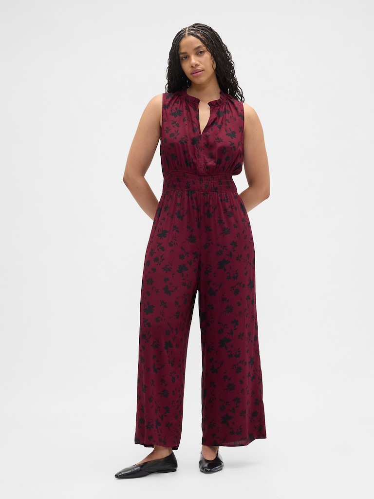 Smocked Wide-Leg V-Neck Jumpsuit