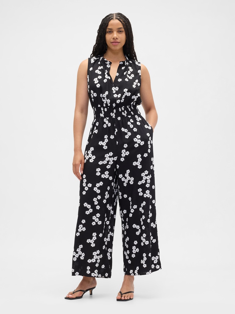 Smocked Wide-Leg V-Neck Jumpsuit