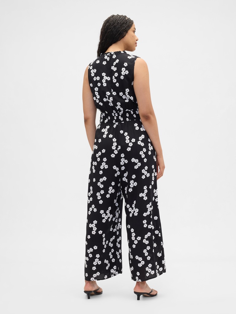 Smocked Wide-Leg V-Neck Jumpsuit