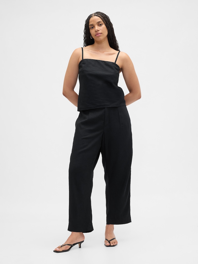 Mid Rise Linen-Blend Barrel Pants