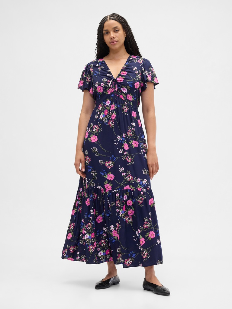 Ruched V-Neck Maxi Dress