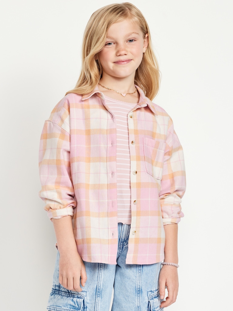 Oversized Long-Sleeve Plaid Flannel Shirt for Girls