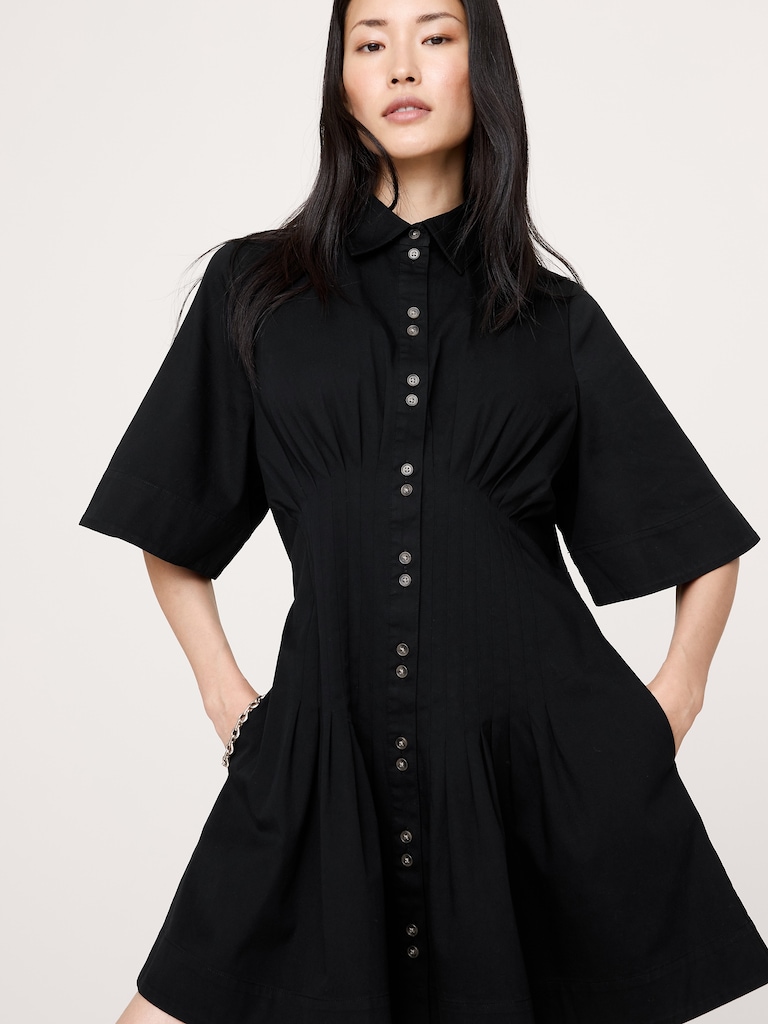 Stretch-Cotton Poplin Pintuck Shirt Dress