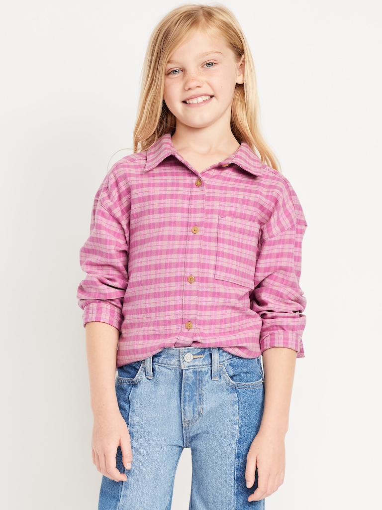 Oversized Long-Sleeve Plaid Flannel Shirt for Girls