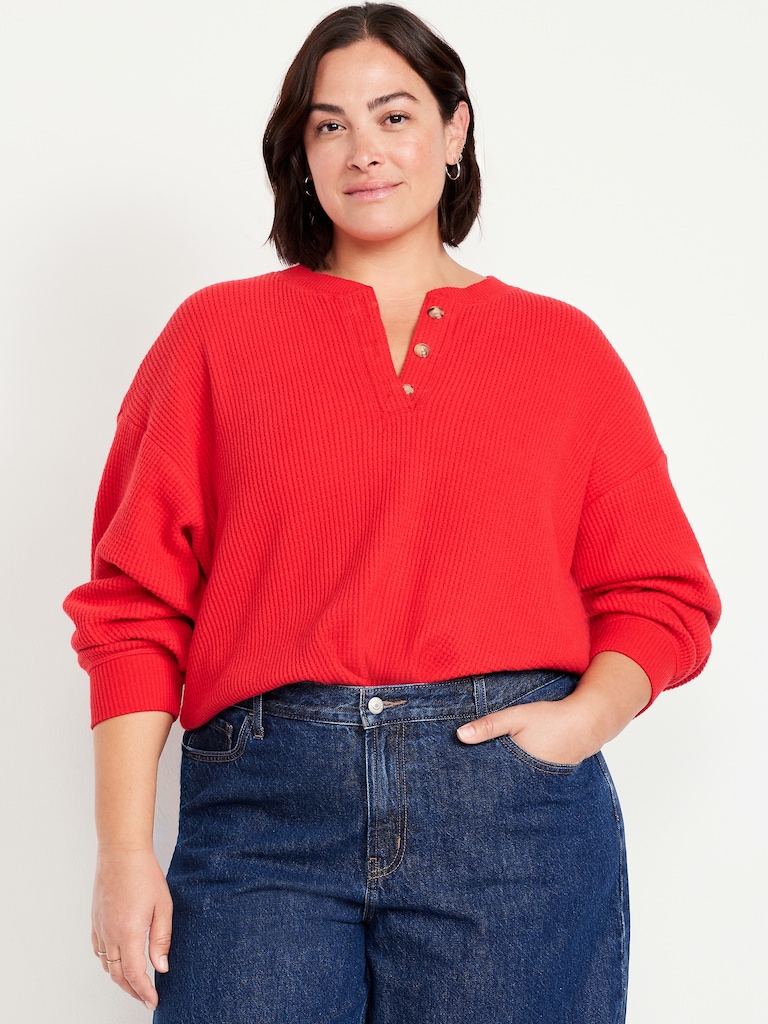 Oversized Cozy Waffle Henley Top