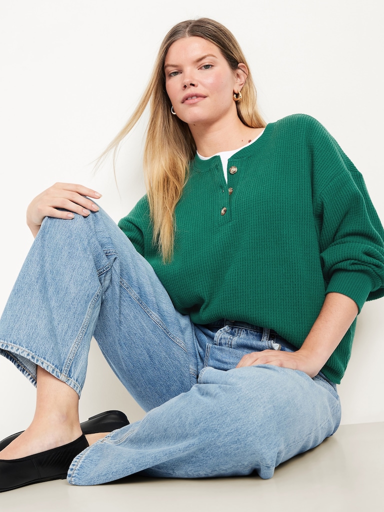 Oversized Cozy Waffle Henley Top