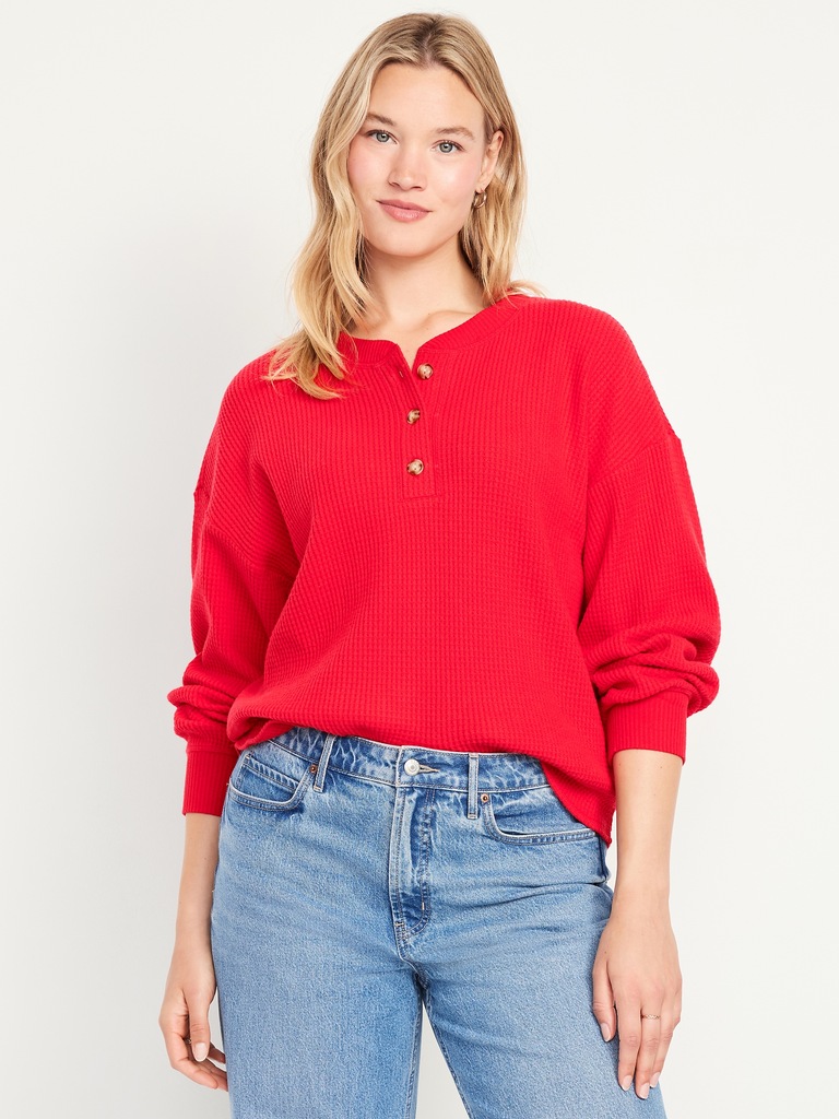 Oversized Cozy Waffle Henley Top