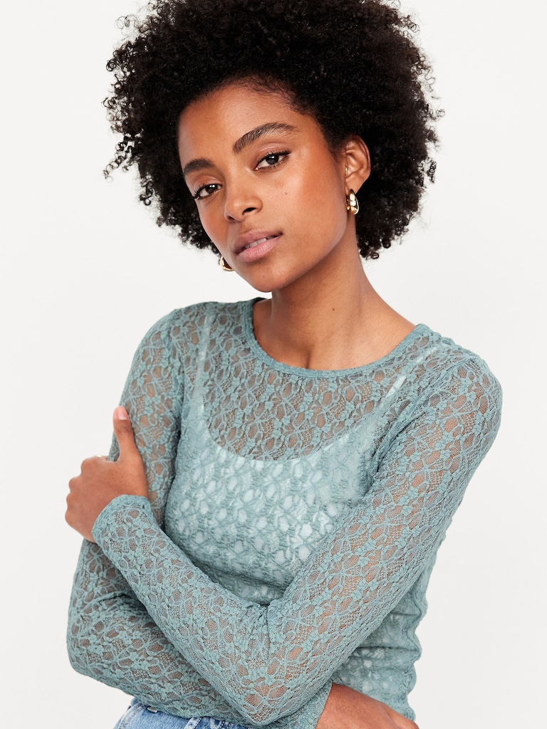Long-Sleeve Lace Crew-Neck Top