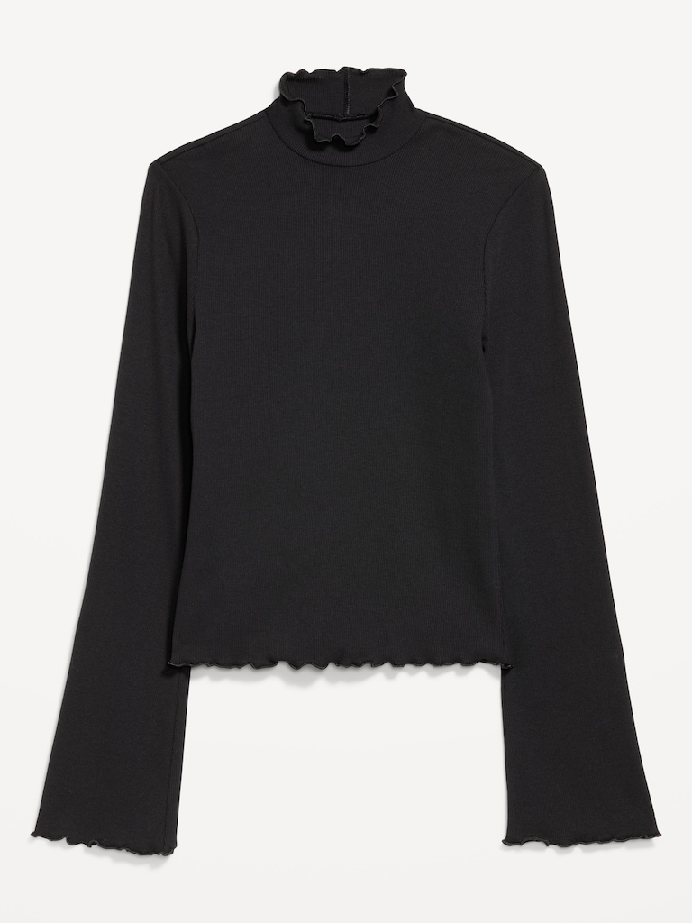 Mock-Neck Lettuce-Edge Rib Top