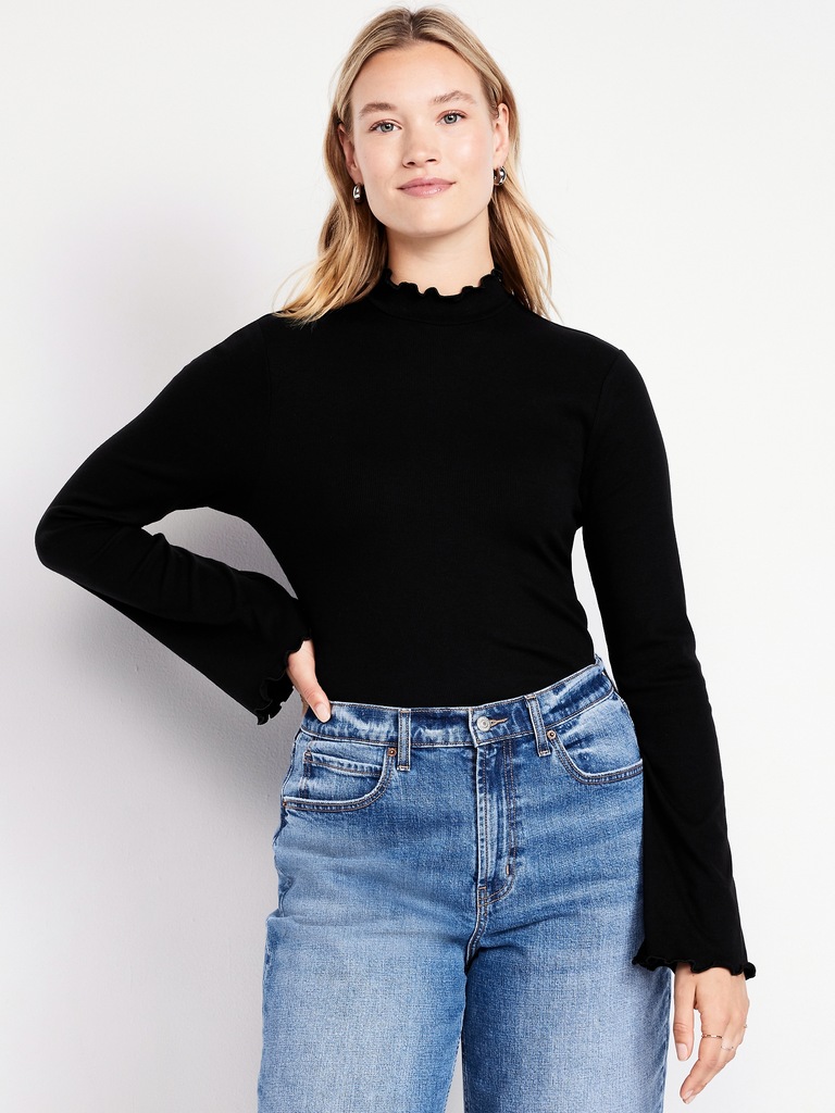 Mock-Neck Lettuce-Edge Rib Top