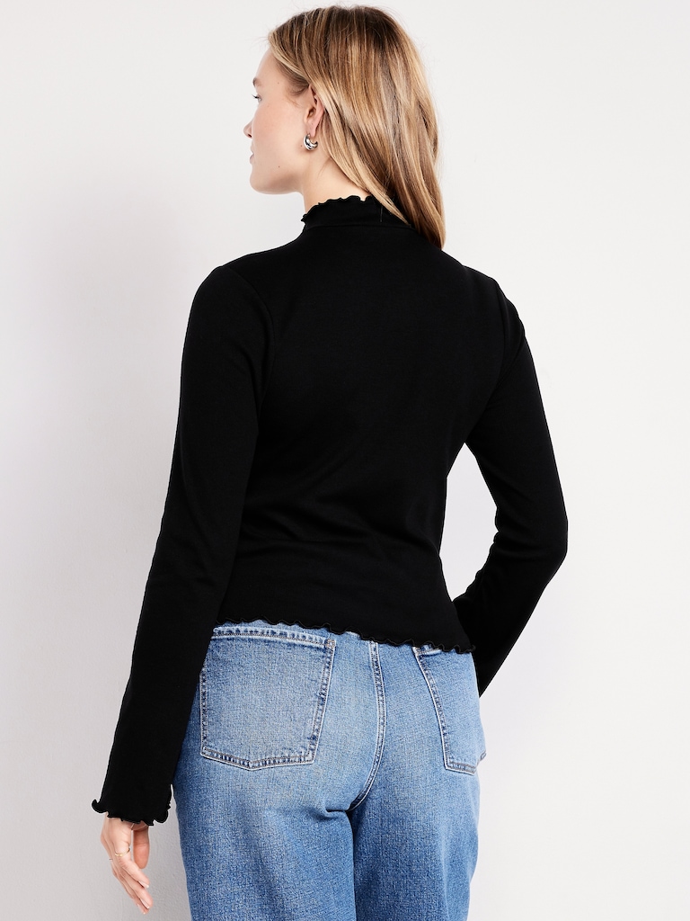 Mock-Neck Lettuce-Edge Rib Top