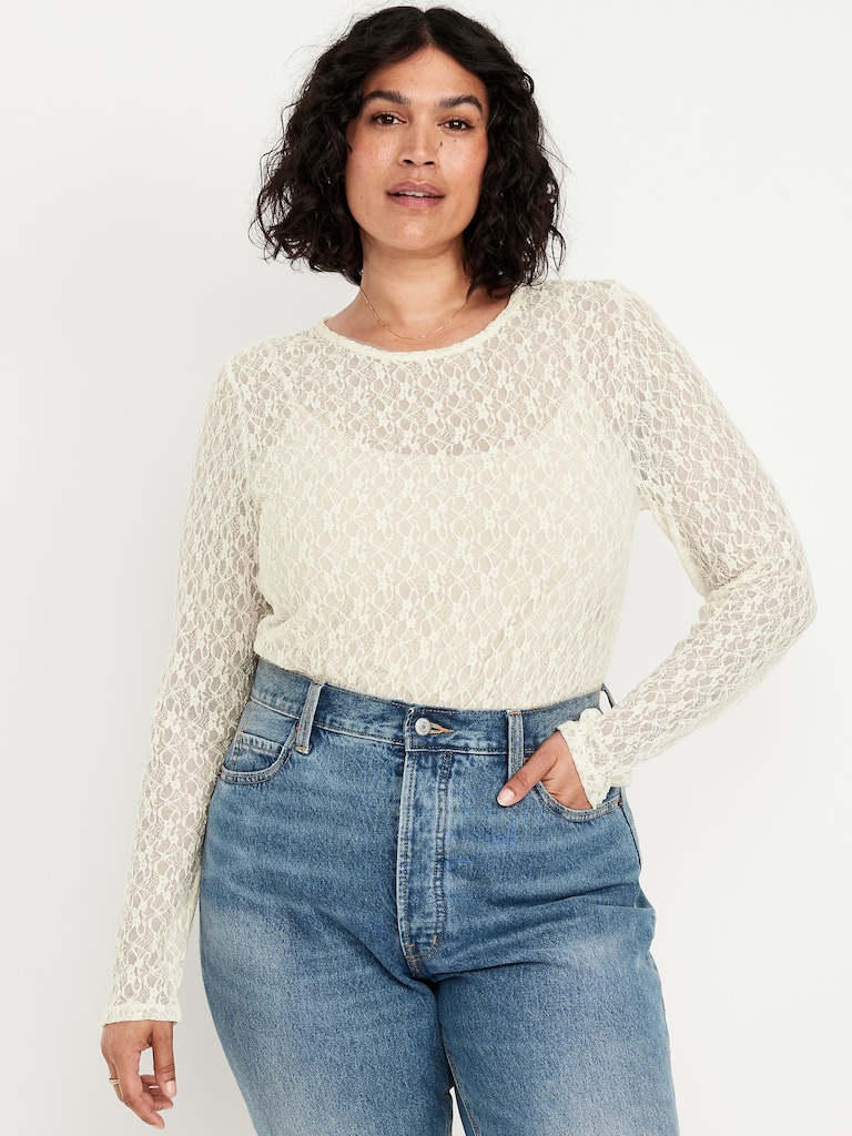 Long-Sleeve Lace Crew-Neck Top