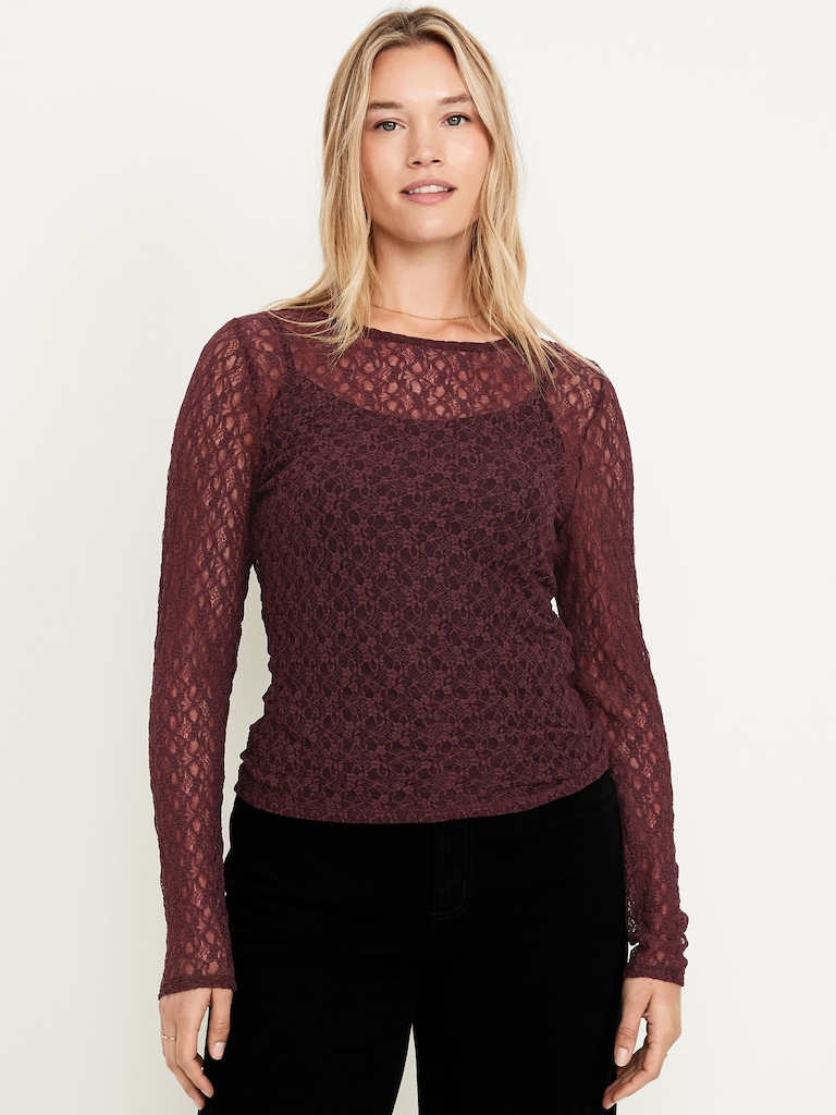 Long-Sleeve Lace Crew-Neck Top