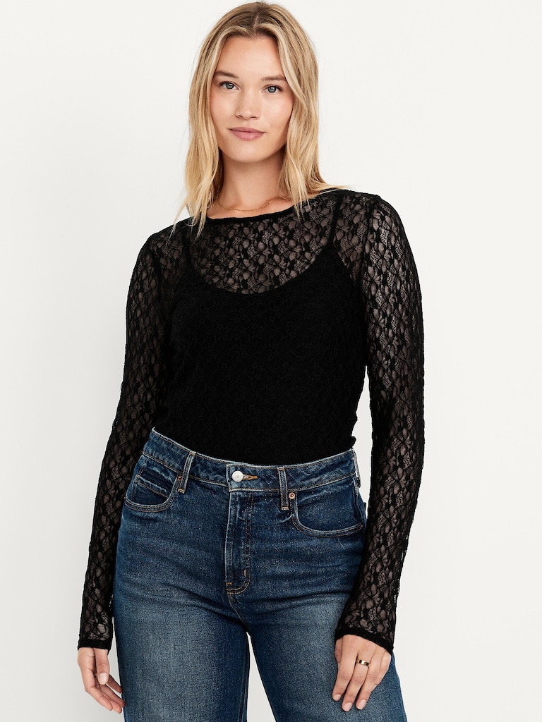 Long-Sleeve Lace Crew-Neck Top