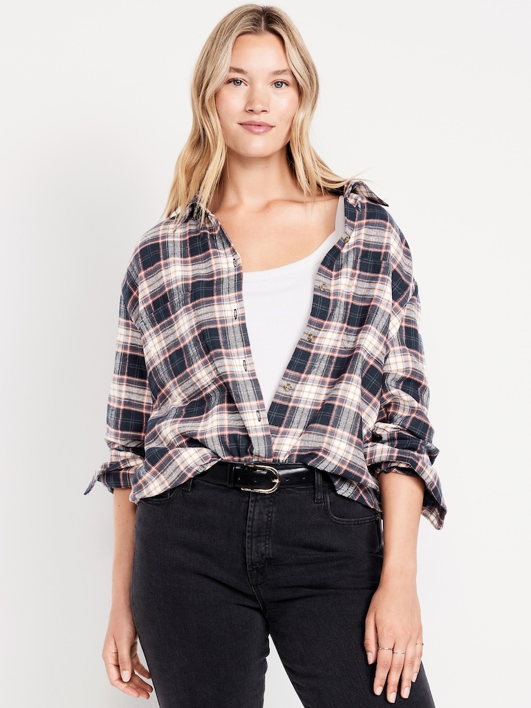 Plaid Flannel Button-Down Boyfriend Shirt